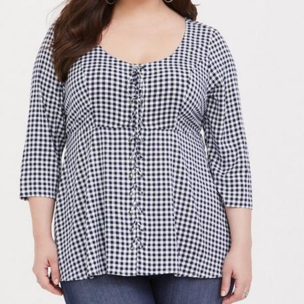 Torrid Navy Gingham Challis Babydoll Top 1